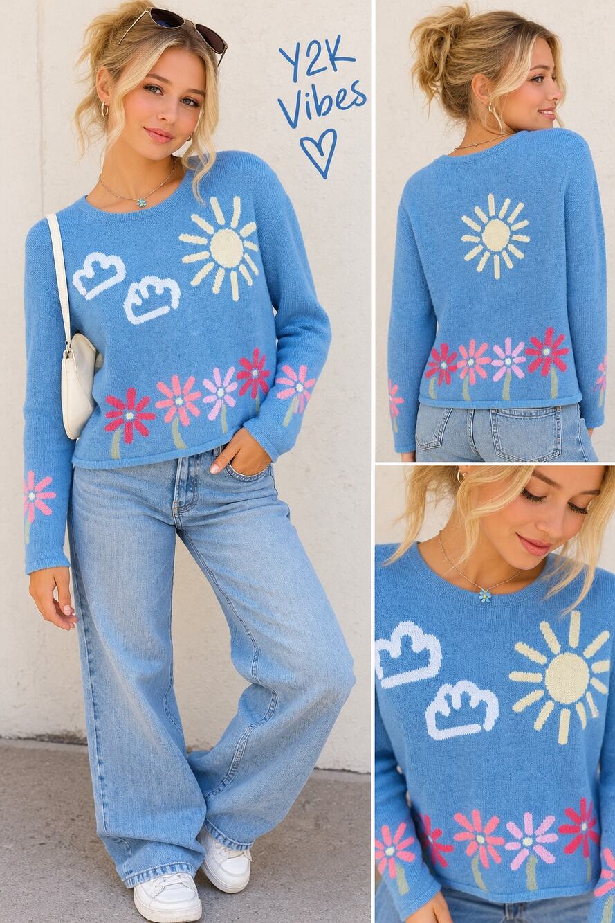 Christopher & Banks M Blue Y2K Novelty Sweater Sun Cloud Floral Knit Pullover
